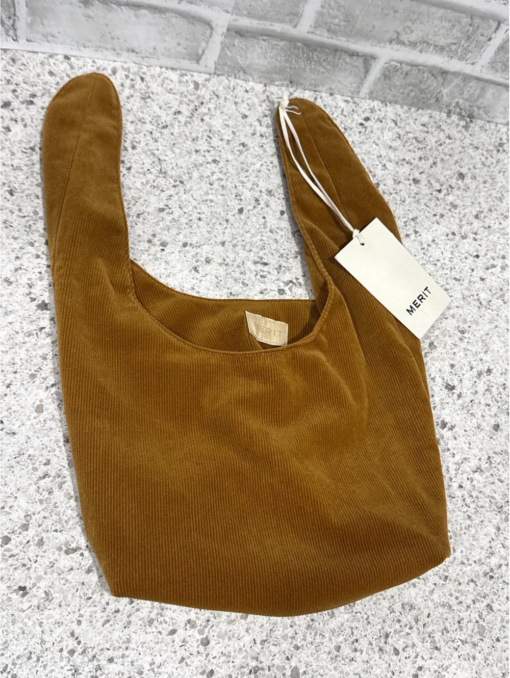 Merit Beauty Brown Corduroy Signature Tie-Top Cosmetic Pouch, New with Tags